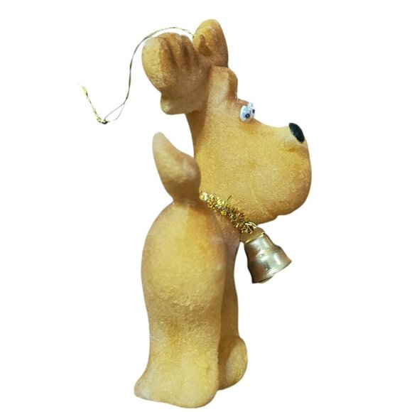 2 Vintage Flocked Moose Christmas Ornaments Reindeer Google Eyes Gold Bell 4.5" - Picture 9 of 16